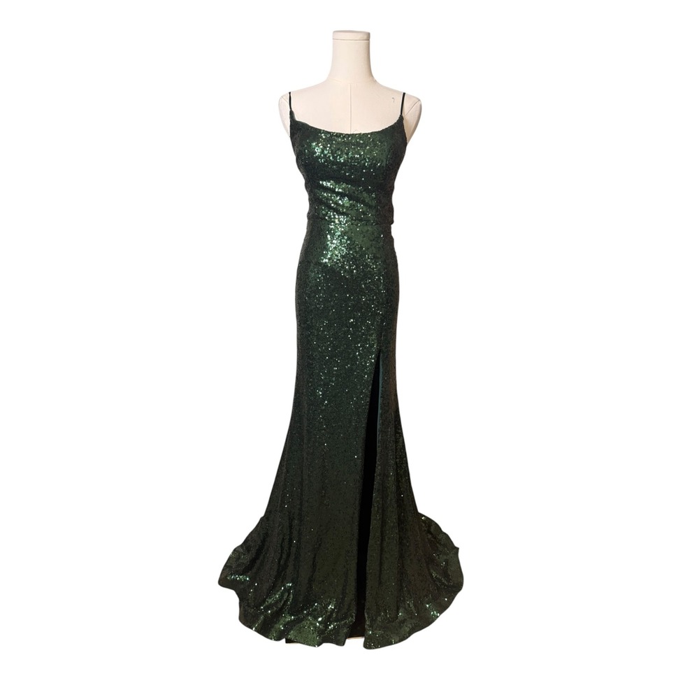 B. Darlin Emerald Green Sequin Lace Up Back Prom Gown Size 5/6
